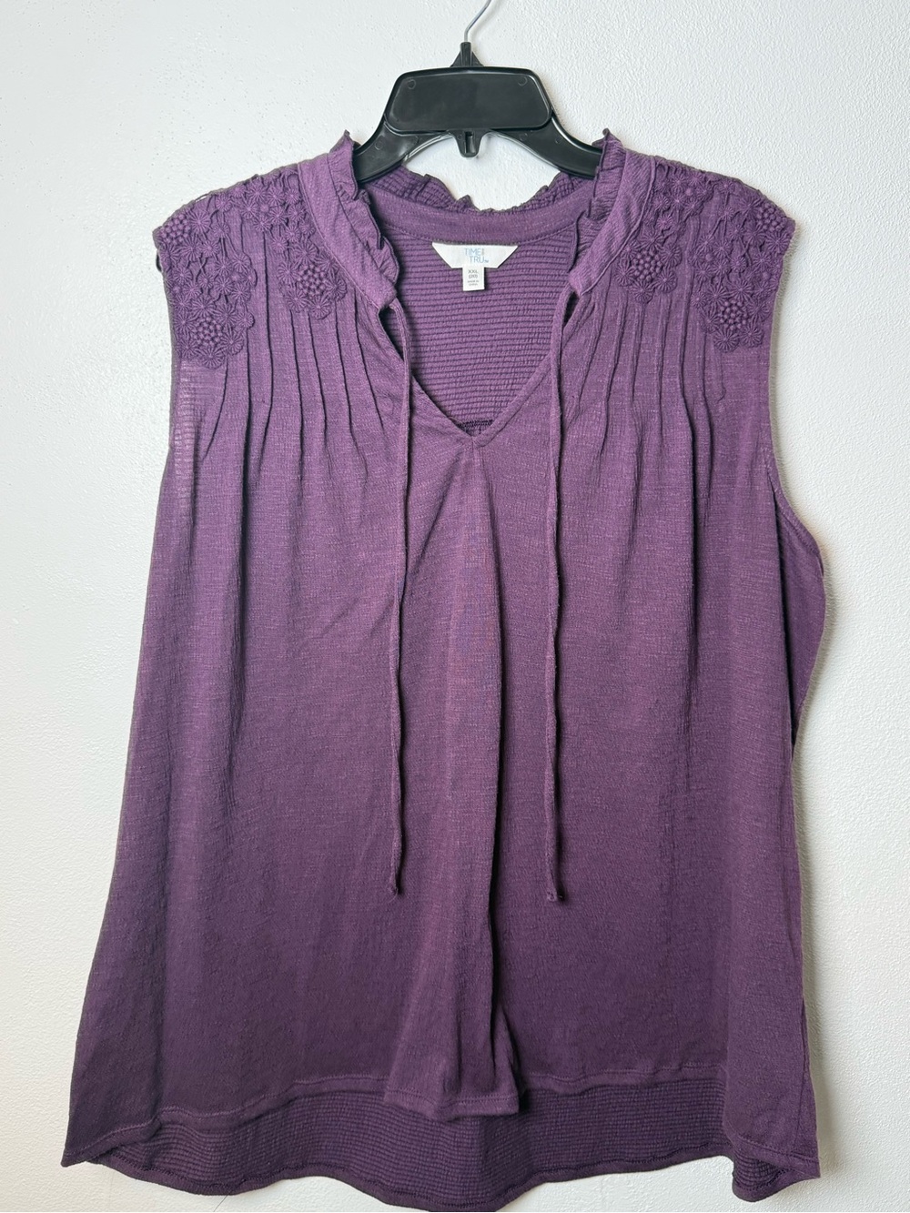 Time and Tru Purple Crochet-Yoke Sleeveless Tie-Neck Tank - Picture 2 of 7